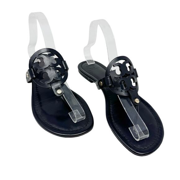 TORY BURCH Perfect Black Matte Leather Miller Logo Sandals Size 8.5 - Picture 1 of 8